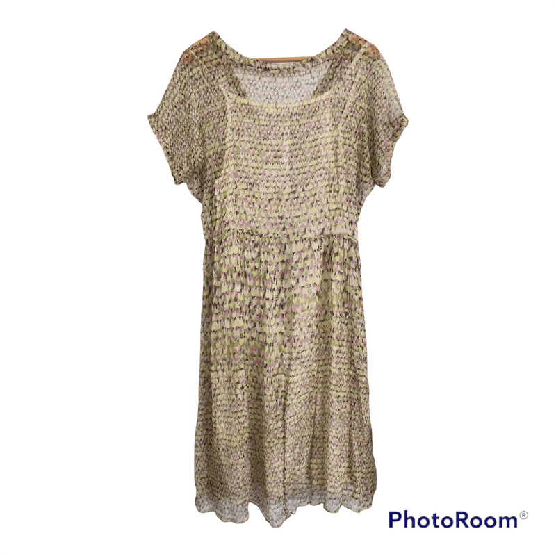 ottod'Ame 100% Silk Chiffon Short Sleeved Summer Midi Dress Multicolour Print w/ Underslip UK Size 10 - Ava & Iva