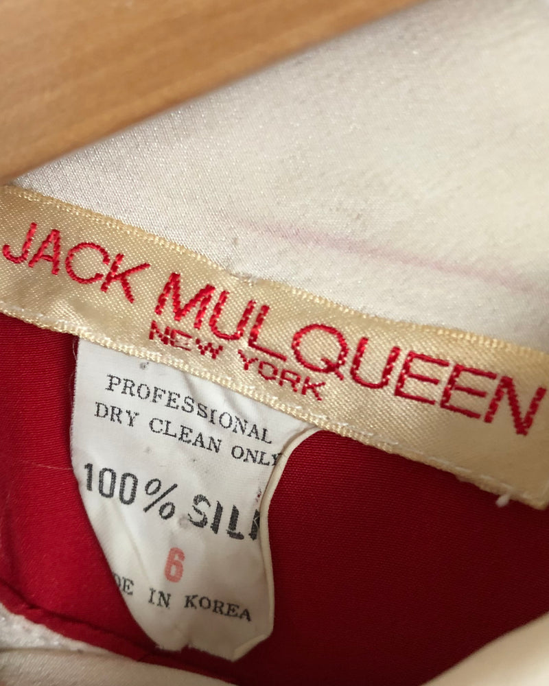 Vintage Jack Mulqueen New York Vintage 100% Silk Long Sleeve Midi Dress Red Cream UK Size 10 - Ava & Iva