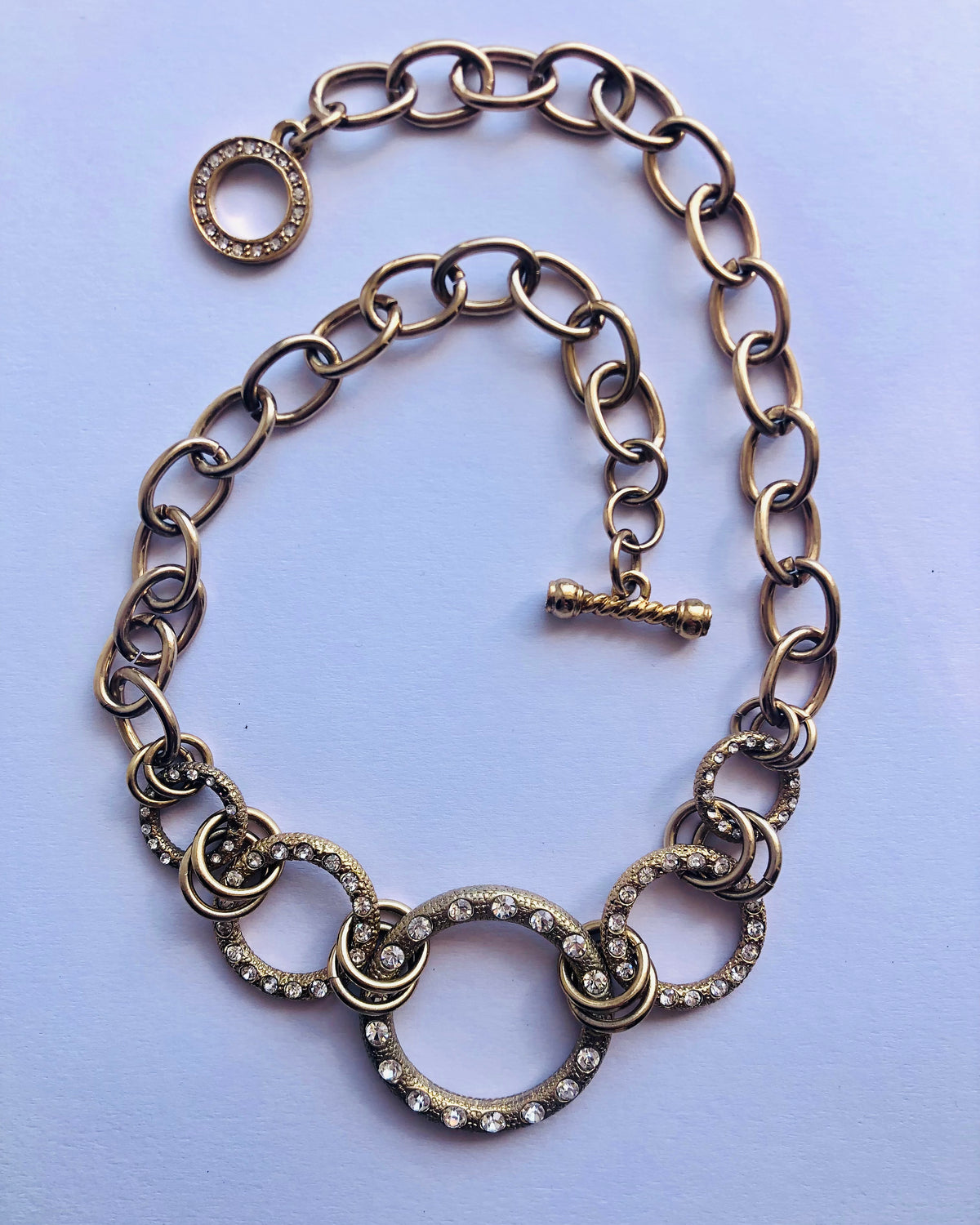 Vintage Gold Tone Single Strand Five Ring Cable Chain Necklace Inset w/ Cut Zirconia Stones - Ava & Iva