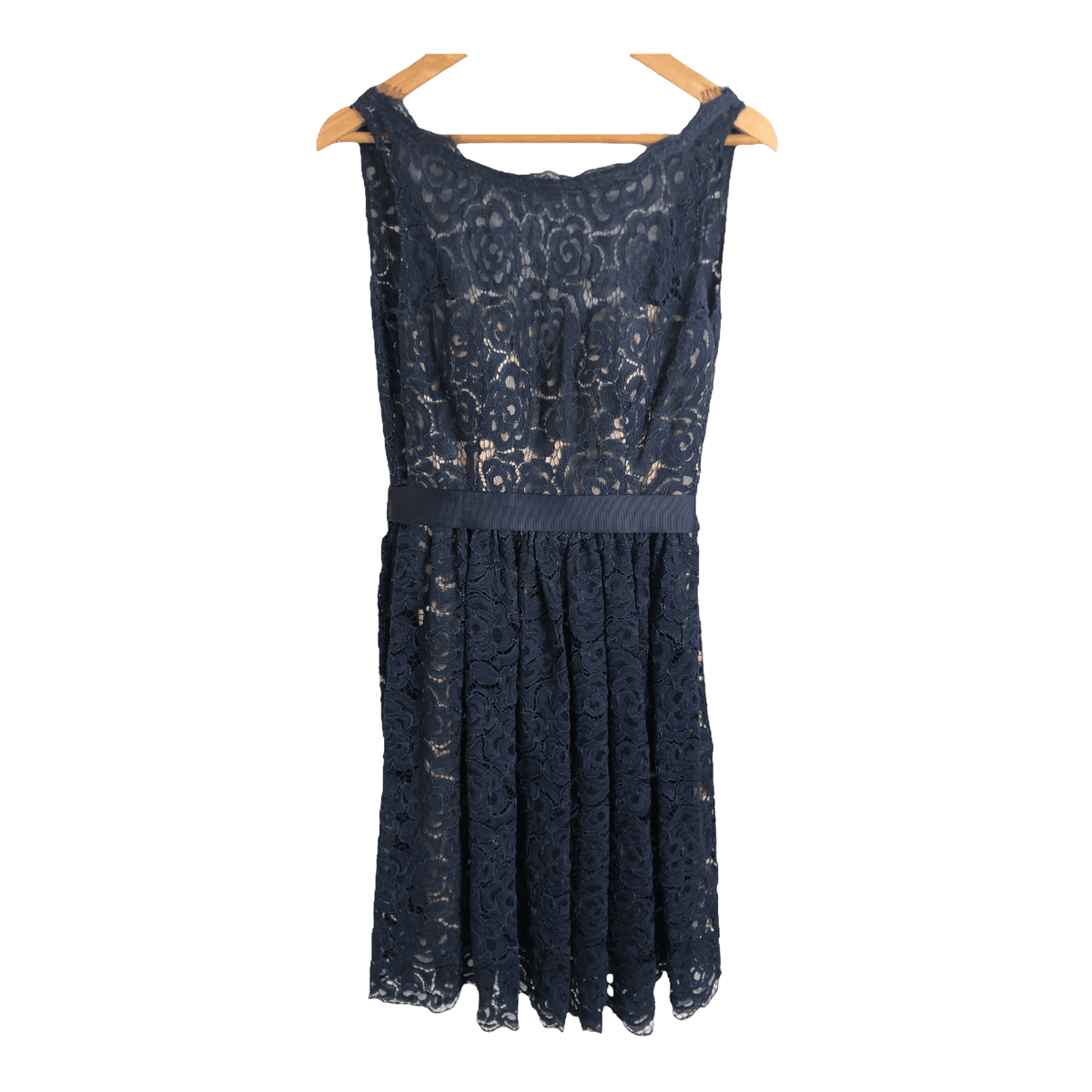 Unbranded Vintage Sleeveless Lace Belted Midi Dress Navy Blue M UK Size 10-12 - Ava & Iva