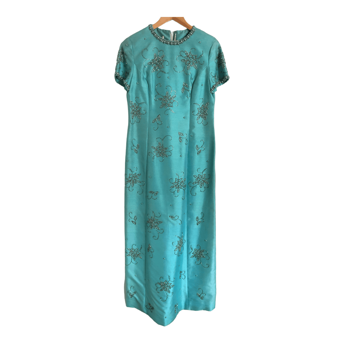 by Ellis of London Vintage 100% Silk Short Sleeve Embellished Evening Gown Maxi Dress Teal Blue UK Size 12 - Ava & Iva