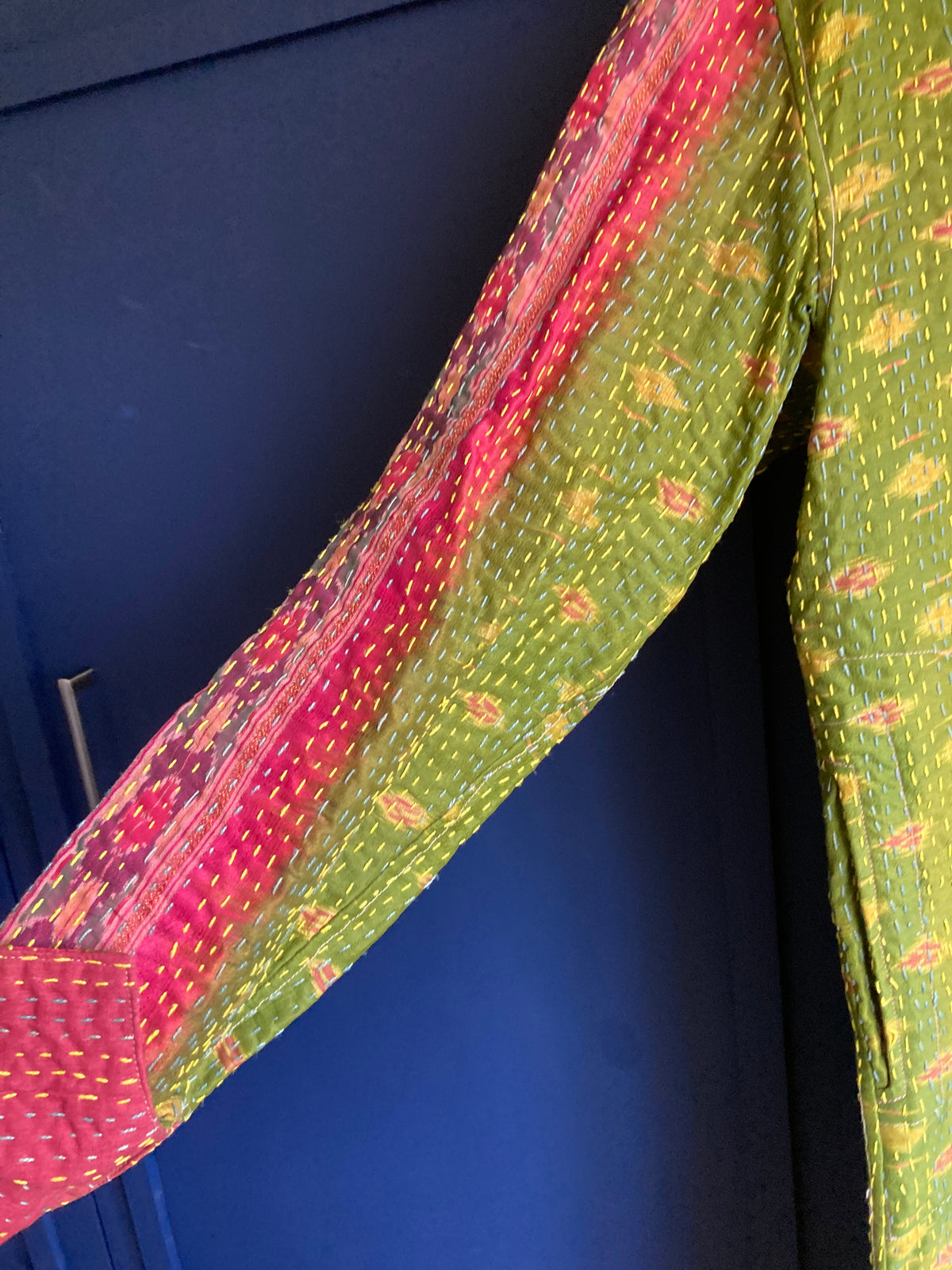 Frangipani Cotton Green and Burgundy Multi-Coloured Long Sleeved Coat UK Size Medium - Ava & Iva