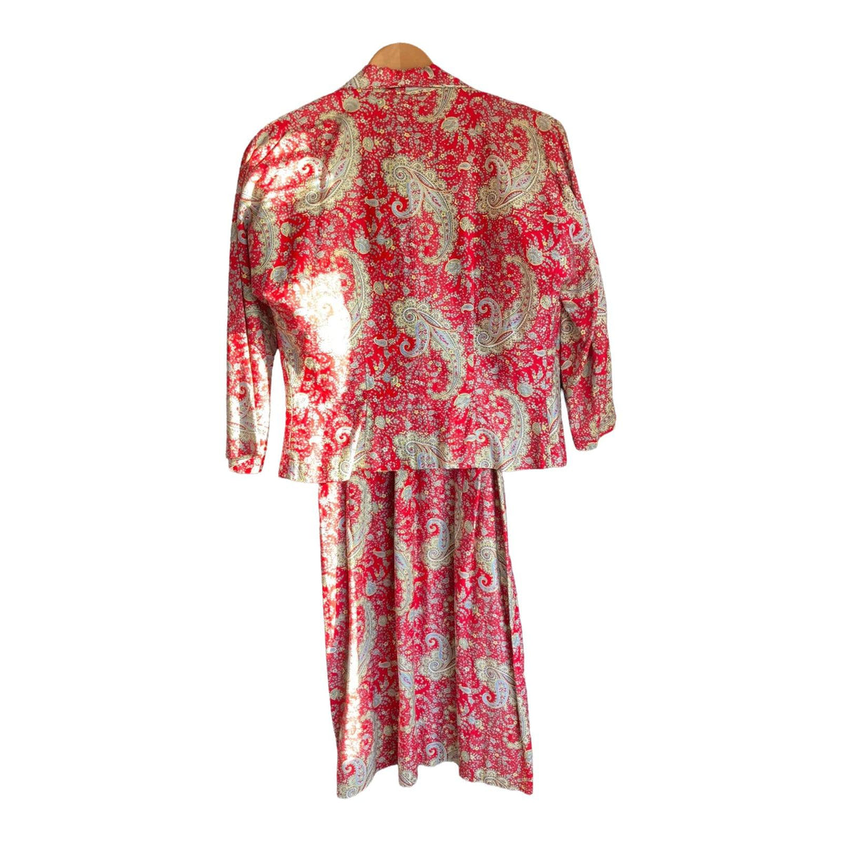 Vintage Cotton Red Paisley Patterned Cropped Sleeved Dress With Matching Jacket UK Size 14 - Ava & Iva