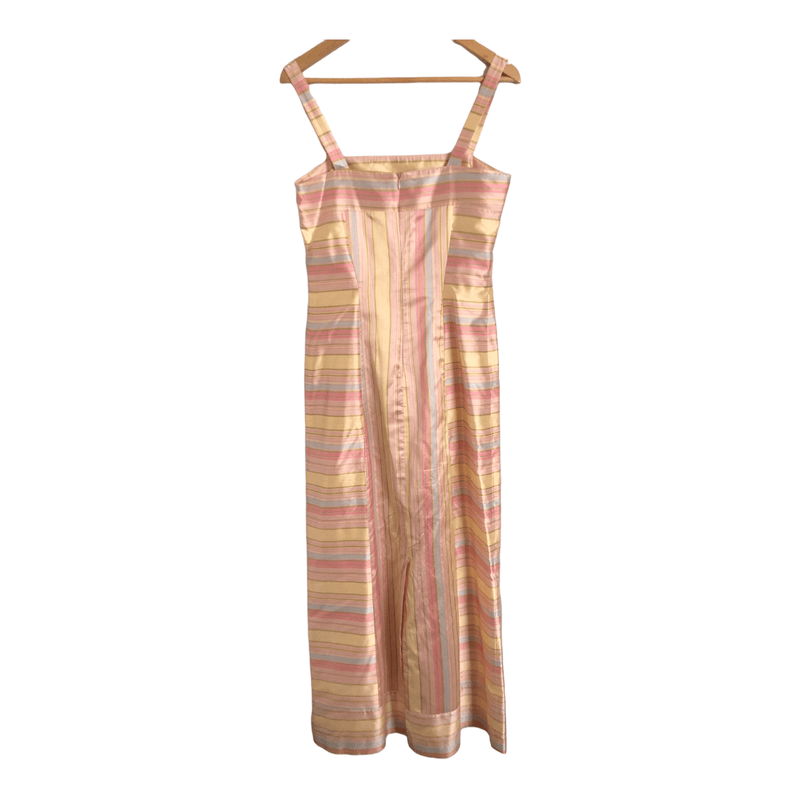 Paule Vasseur Paris Vintage 100% Silk Sleeveless Shift Summer Maxi Dress Pink Yellow Multi Striped UK Size 10-12 - Ava & Iva