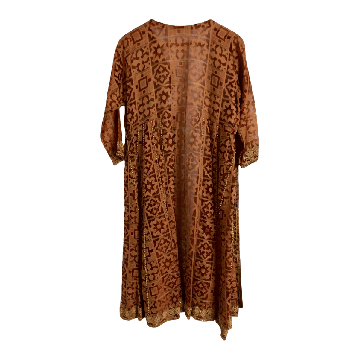 Unbranded Half Sleeve Embroidered Embellished Longline Evening Wedding Coat Coatigan Jacket Amber Brown Geometric Print UK Size 12-14 - Ava & Iva