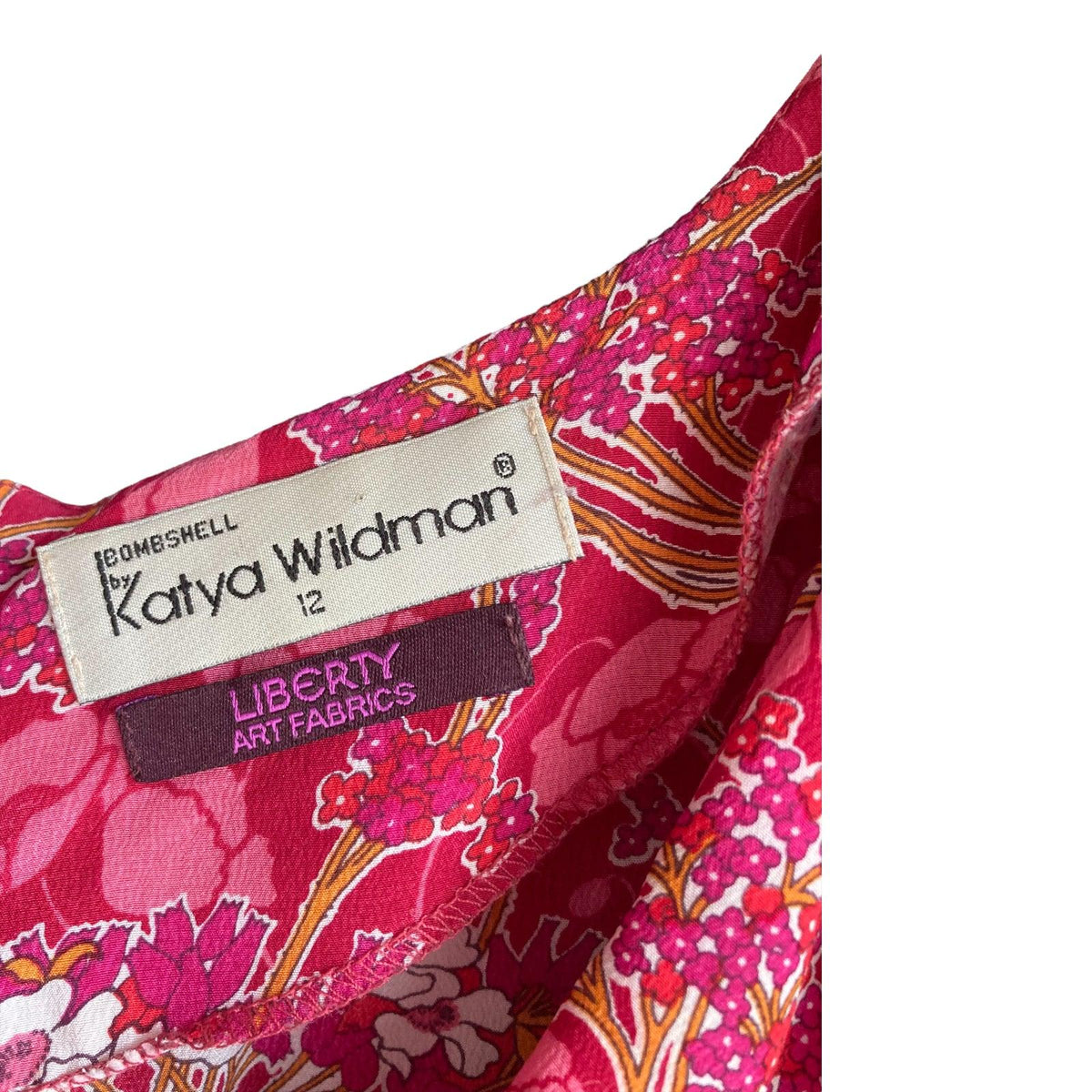 Kata Wildman Silk Raspberry Patterned Capped Sleeved Dress UK Size 12 - Ava & Iva