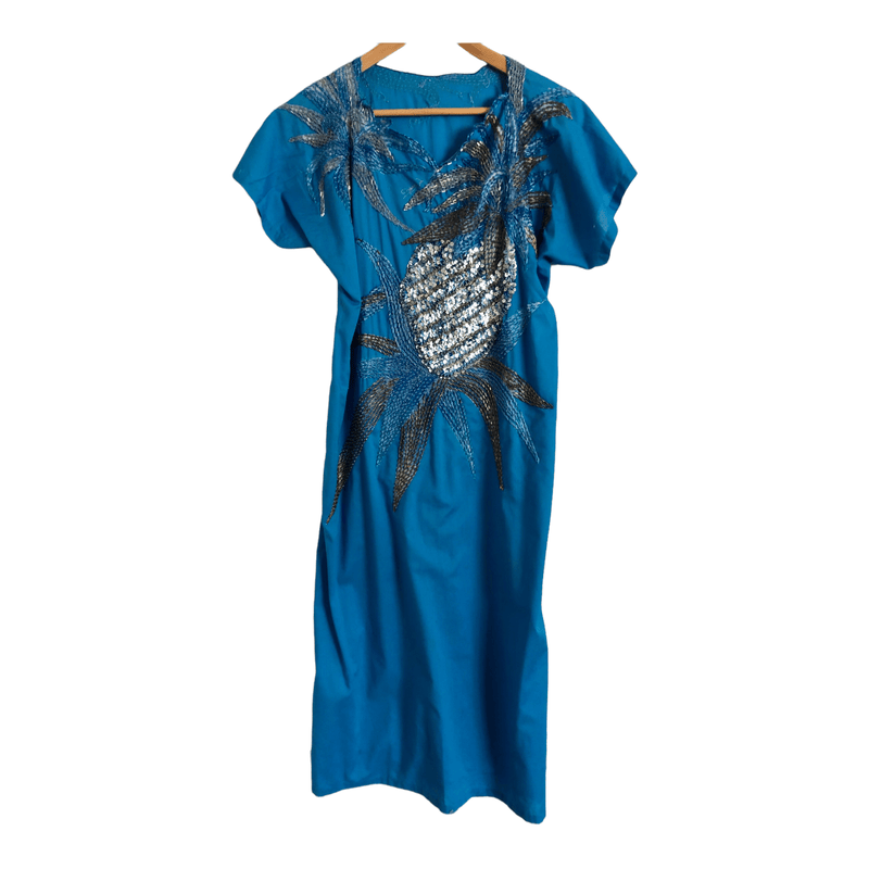 Gabrise 100% Cotton Short Sleeve Embellished Kaftan Style Midi Dress Electric Blue UK Size 16 - Ava & Iva