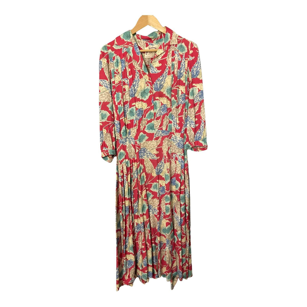 Ann Reeves Cotton Red Floral 3/4 Sleeved Dress UK Size 14 - Ava & Iva