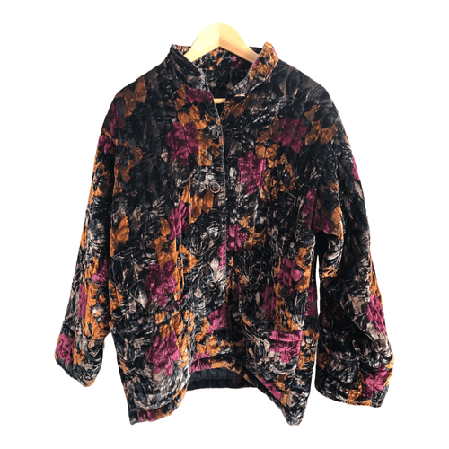 Unbranded Vintage Velvet Cotton Quilted Padded Jacket Black Copper Burgundy Floral Print Size L/XL - Ava & Iva