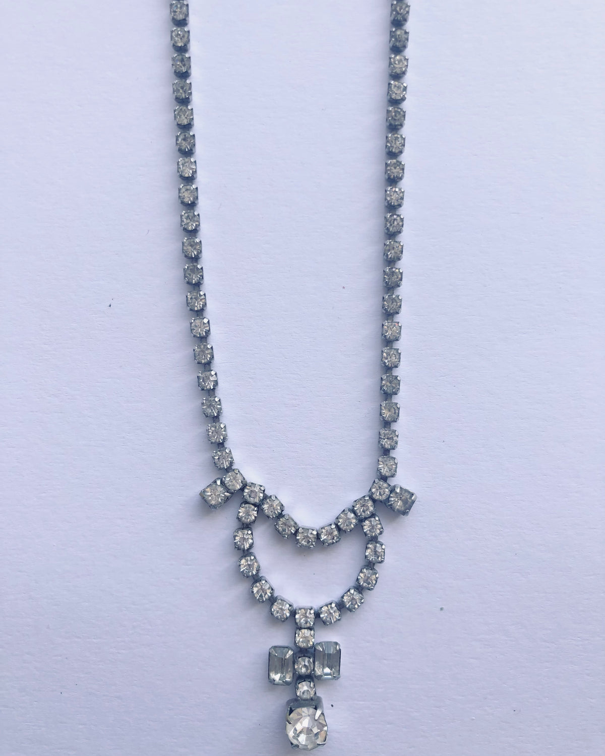 Vintage Silver Tone Diamante Drop Cross Necklet Necklace w/ Cut Zirconia Stones - Ava & Iva