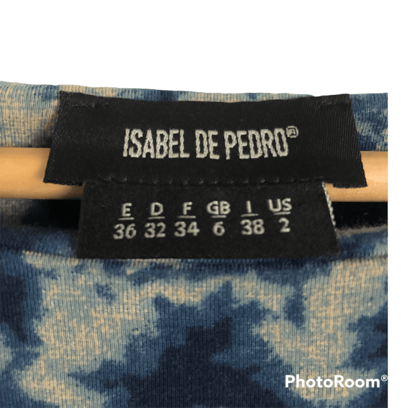 Isabel de Pedro Stretch Jersey Bell Sleeve Midi Dress Blue / Cream Print UK Size 6 - Ava & Iva