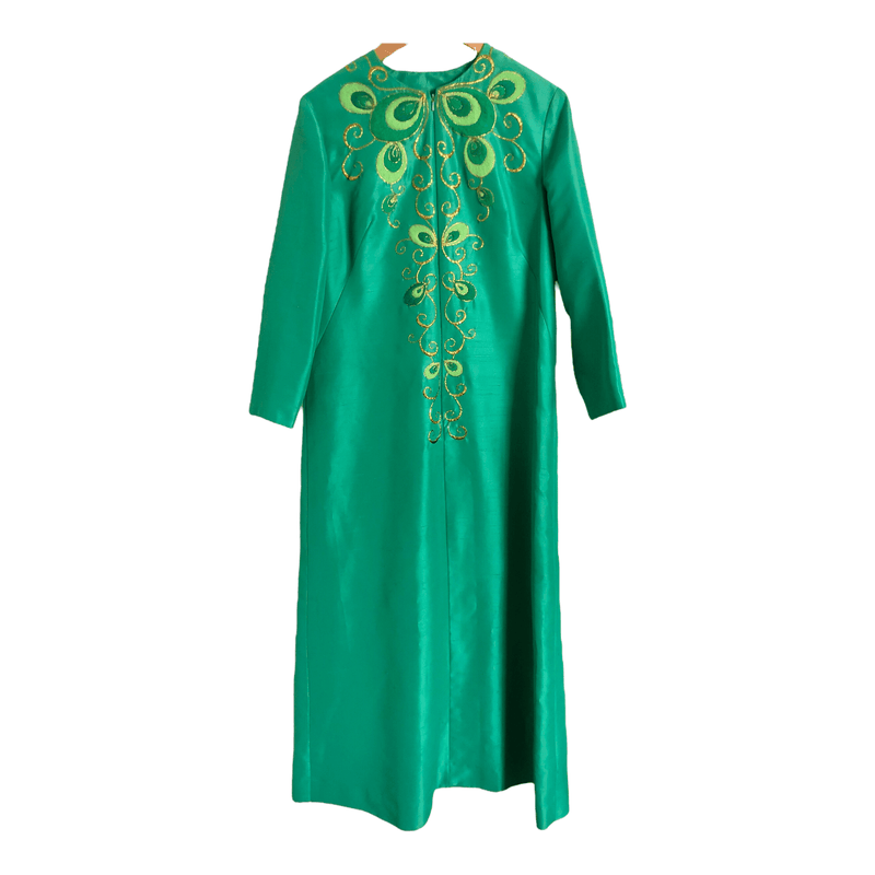 Unbranded Vintage Silk Long Sleeve Evening Gown Maxi Dress Emerald Green Gold Embroidered Peacock Pattern UK Size 14-16 - Ava & Iva