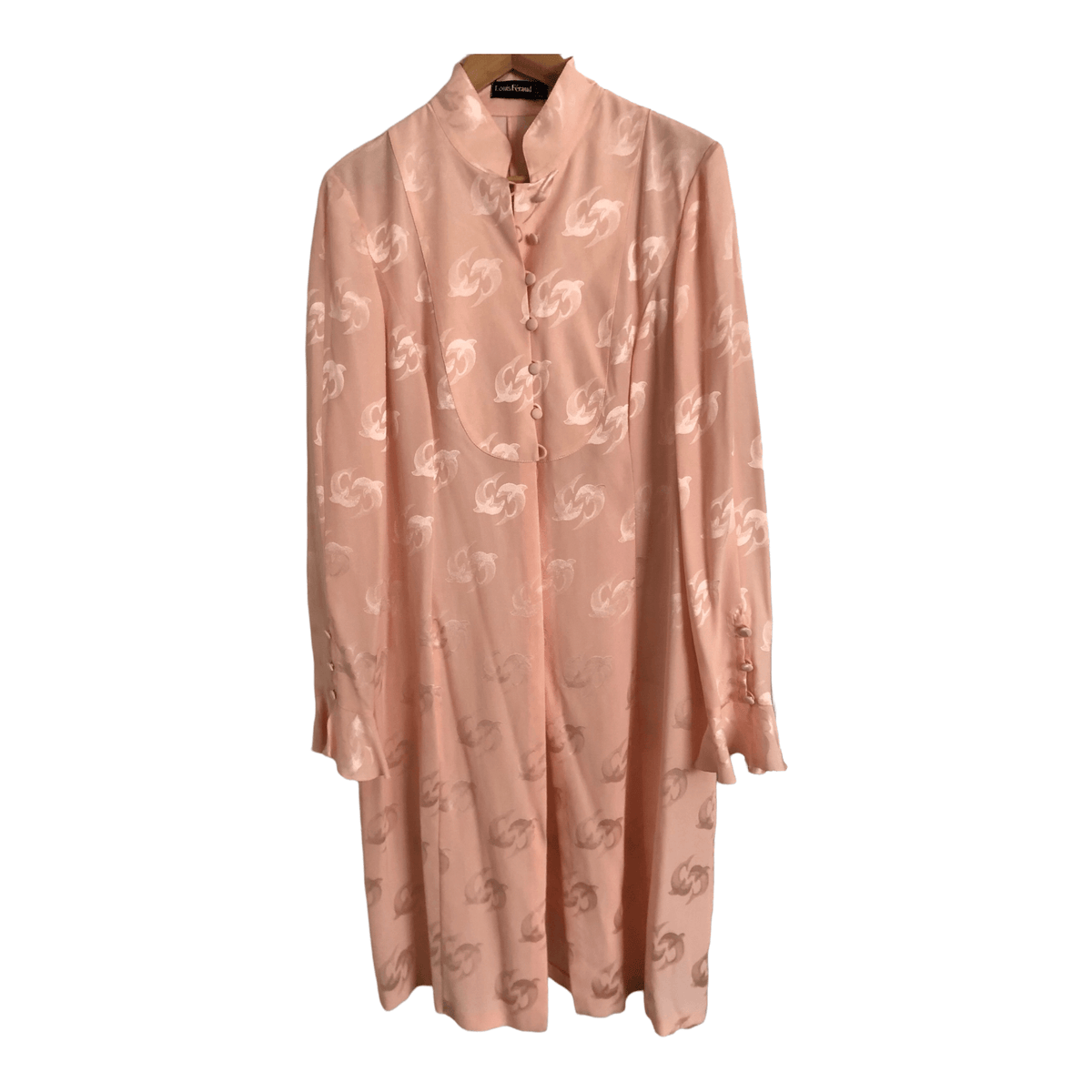 Louis Feraud 100% Silk Long Sleeve Longline Evening Coat Coatigan Jacket Pale Pink Dolphin Print UK Size 16 - Ava & Iva