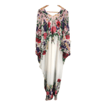 Vintage Designer Genese of London Polyester Sleeveless Kimono Kaftan Maxi Dress White Floral Print w/ Swarovski Bead Embellishments & Tie Belt UK Size S/M - Ava & Iva