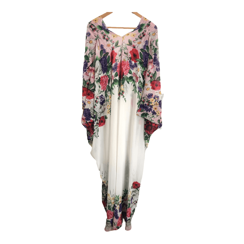 Vintage Designer Genese of London Polyester Sleeveless Kimono Kaftan Maxi Dress White Floral Print w/ Swarovski Bead Embellishments & Tie Belt UK Size S/M - Ava & Iva