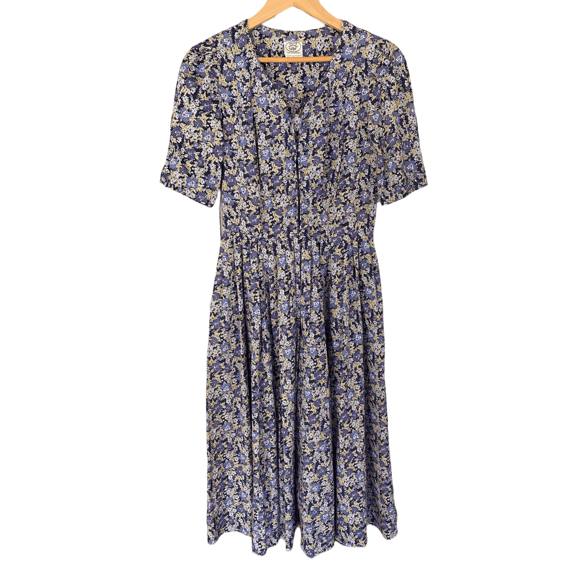 Laura Ashley 100% Cotton Summer Dress Flower Print Purple and Taupe UK Size 12 - Ava & Iva