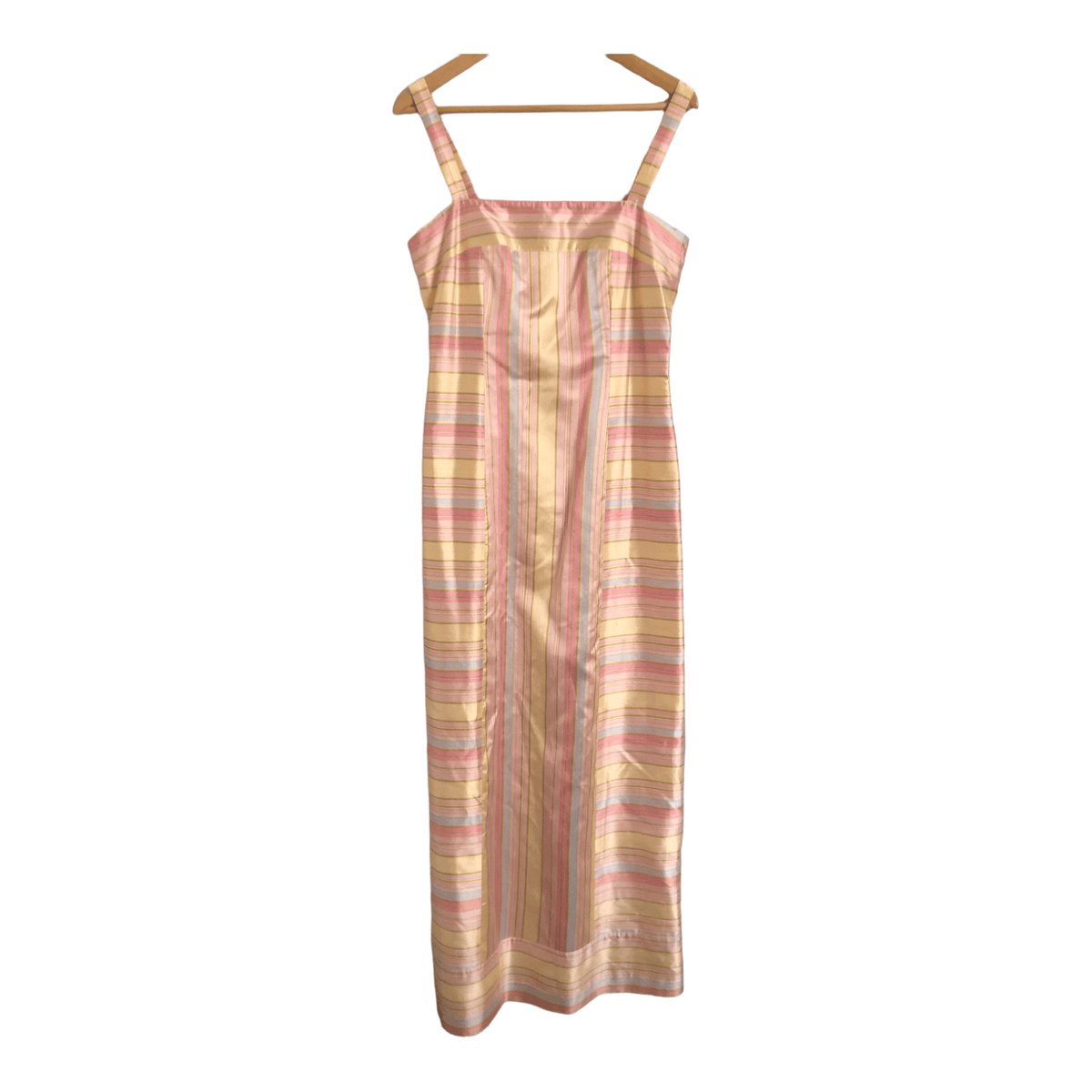 Paule Vasseur Paris Vintage 100% Silk Sleeveless Shift Summer Maxi Dress Pink Yellow Multi Striped UK Size 10-12 - Ava & Iva