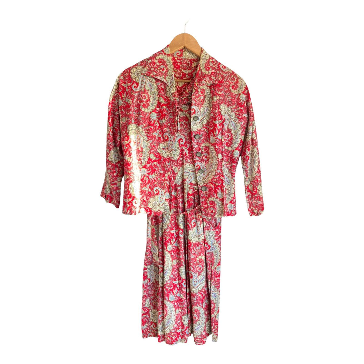 Vintage Cotton Red Paisley Patterned Cropped Sleeved Dress With Matching Jacket UK Size 14 - Ava & Iva
