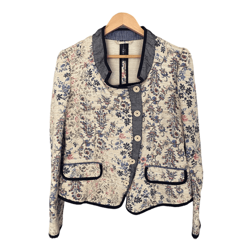 High Use Round Neck Cotton Mix Jacket Floral Print on Cream Ground UK Size 12 - Ava & Iva
