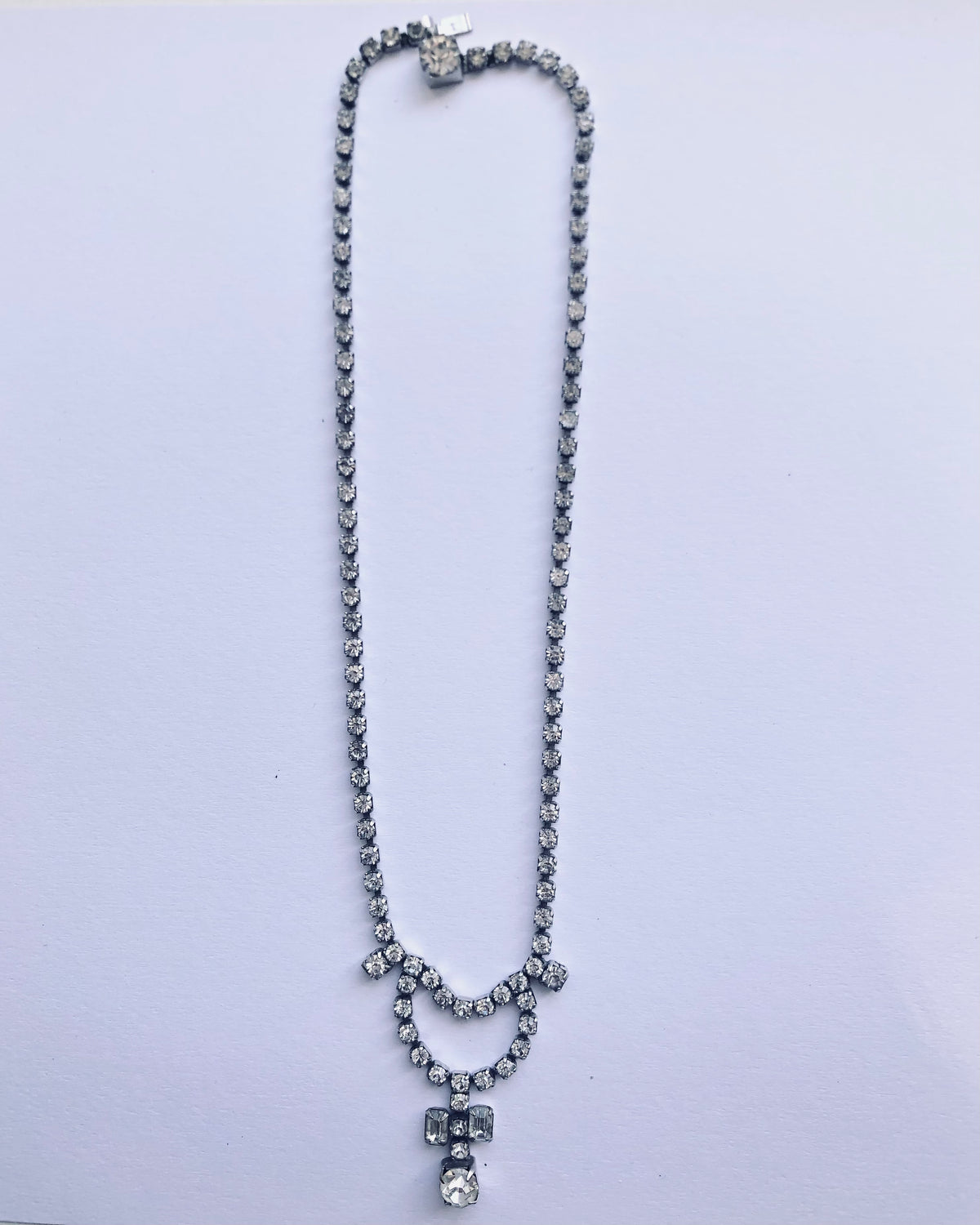 Vintage Silver Tone Diamante Drop Cross Necklet Necklace w/ Cut Zirconia Stones - Ava & Iva