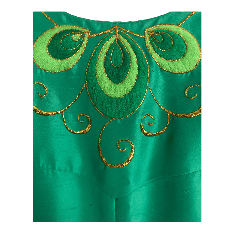 Unbranded Vintage Silk Long Sleeve Evening Gown Maxi Dress Emerald Green Gold Embroidered Peacock Pattern UK Size 14-16 - Ava & Iva