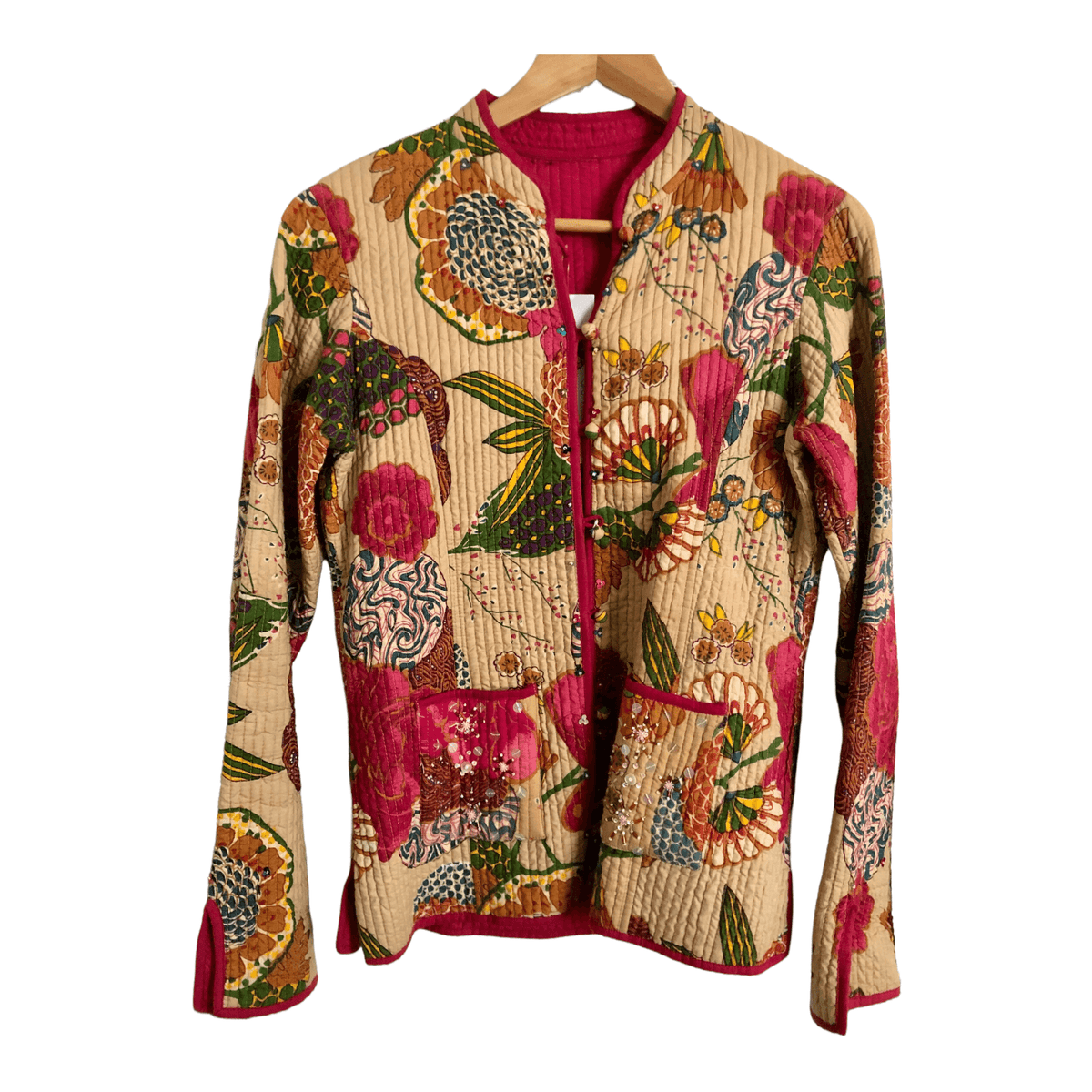 Unbranded 100% Quilted Cotton Oriental Ethnic Boho Festival Jacket Pink Multi Embellished Floral Print UK Size S/M - Ava & Iva
