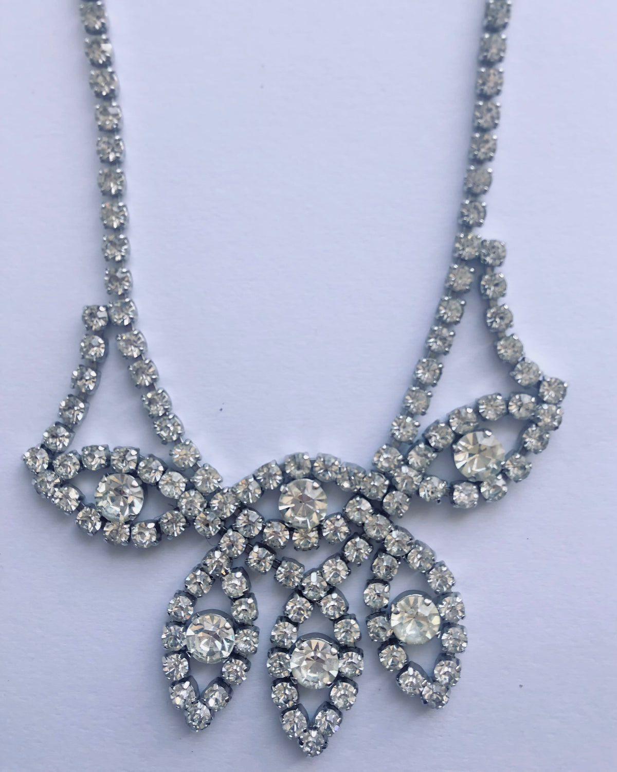 Vintage Silver Tone Single Strand Diamante Teardrop Drop Necklet Necklace w/ Cut Zirconia Stones - Ava & Iva