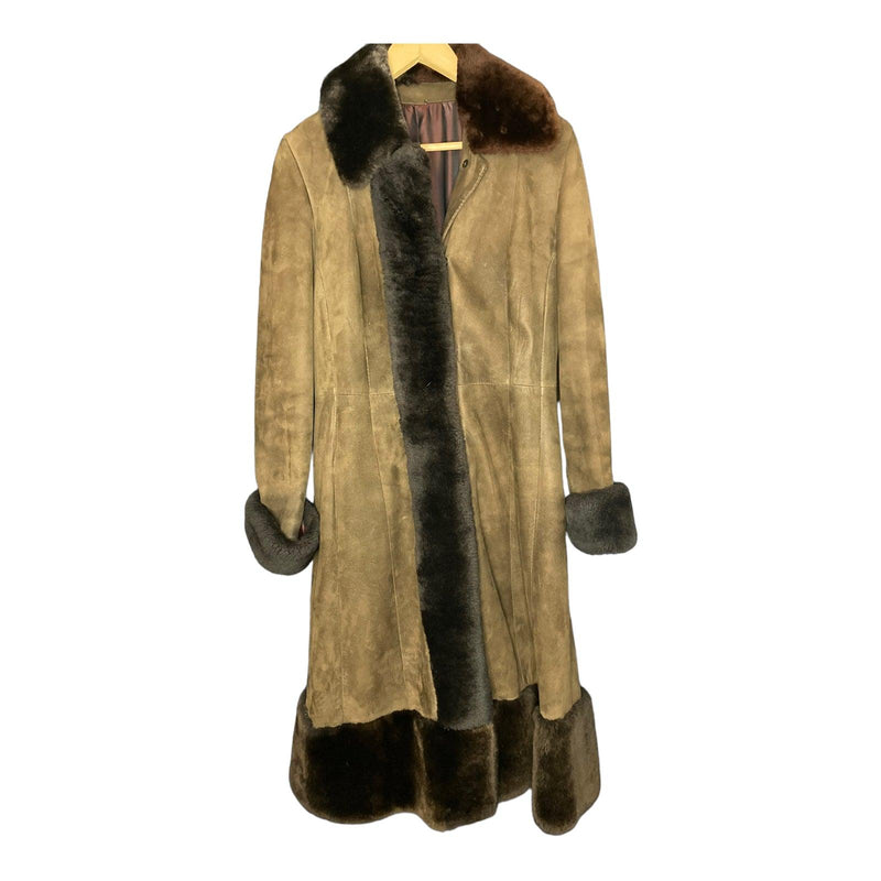 Vintage Suede Faux Fur Trimmed Brown Long Sleeved Coat UK Size 10 - Ava & Iva