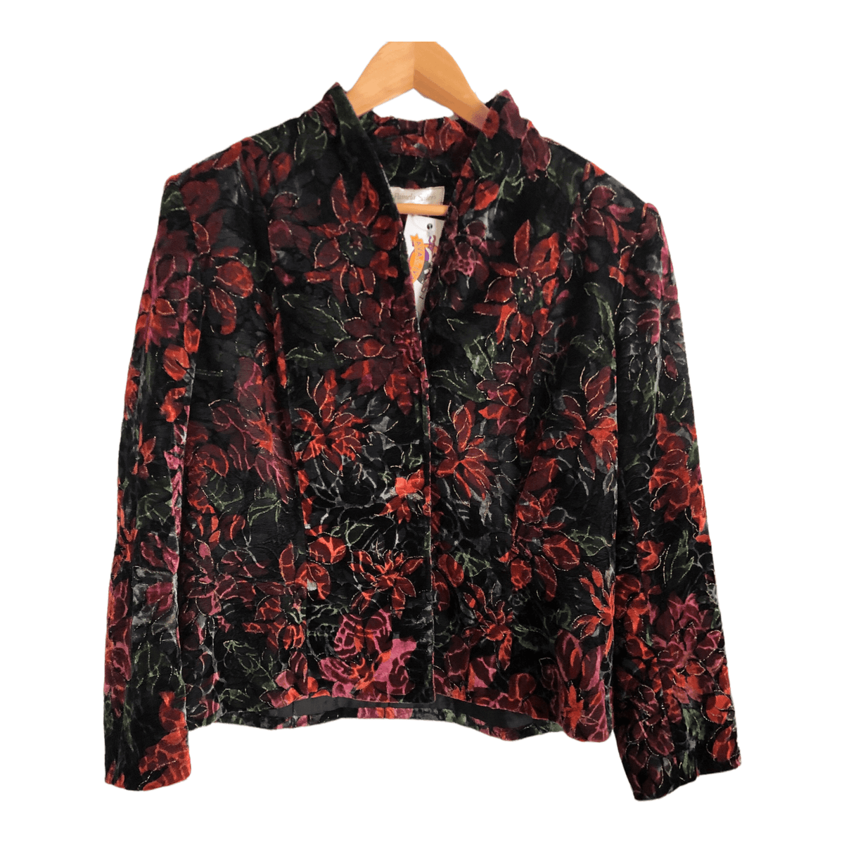 Pamela Sellers Vintage Velvet Cotton Jacket Green Red Floral Print UK Size 14 - Ava & Iva