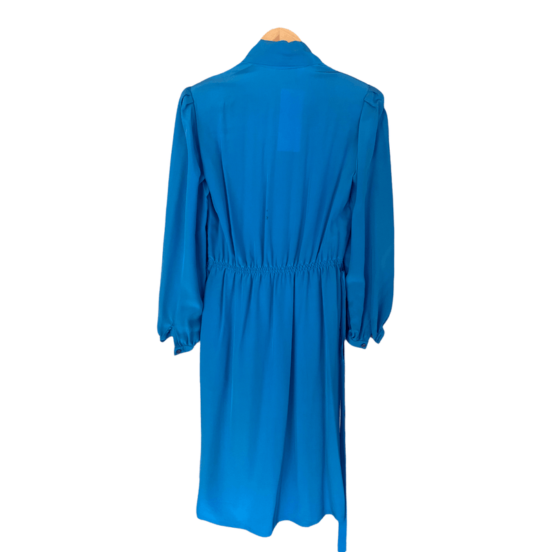 Rouie Vintage 100% Silk Dress Long Sleeve Pussy Bow Electric Blue UK Size 10 - Ava & Iva