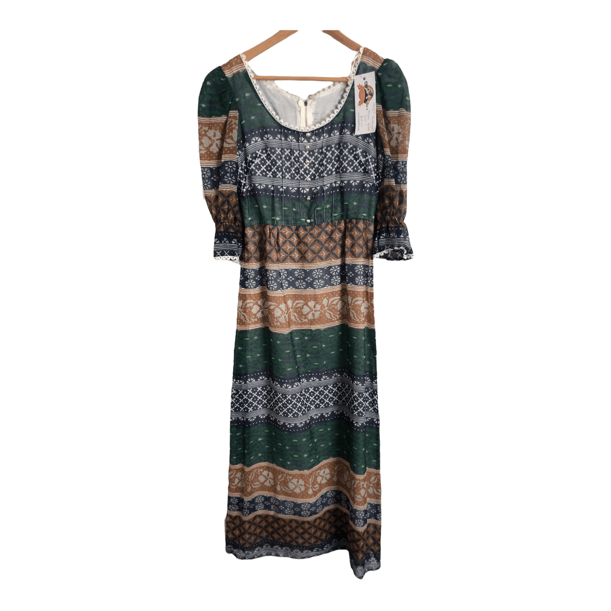 Vintage 70s Unbranded Cotton Puff Half Sleeve Maxi Dress Blue Green Multi Block Print UK Size 10 - Ava & Iva