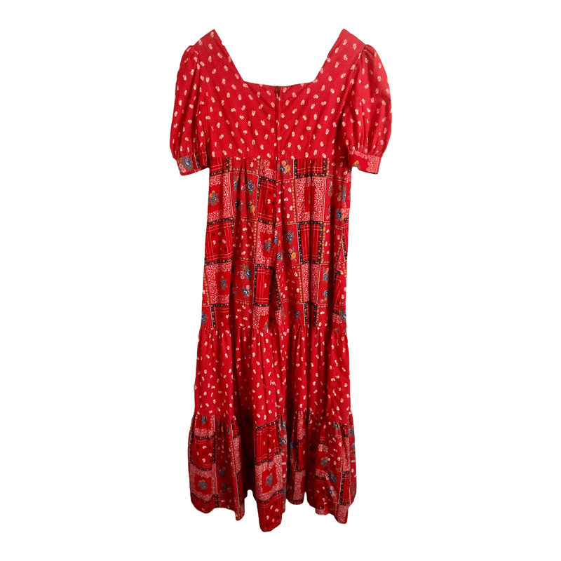 Vintage Unbranded 100% Cotton Short Puff Sleeve Boho Festival Tiered Maxi Dress Red Multi Patchwork Print M UK Size 10-12 - Ava & Iva