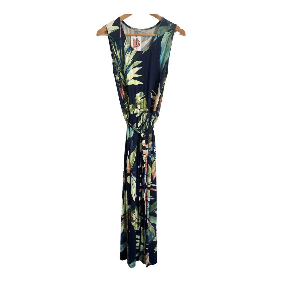 Bella di Notte Viscose Stretch Jersey Sleeveless Maxi Belted Sundress Dress Navy Blue Multi Palm Print UK Size 14 BNWT - Ava & Iva