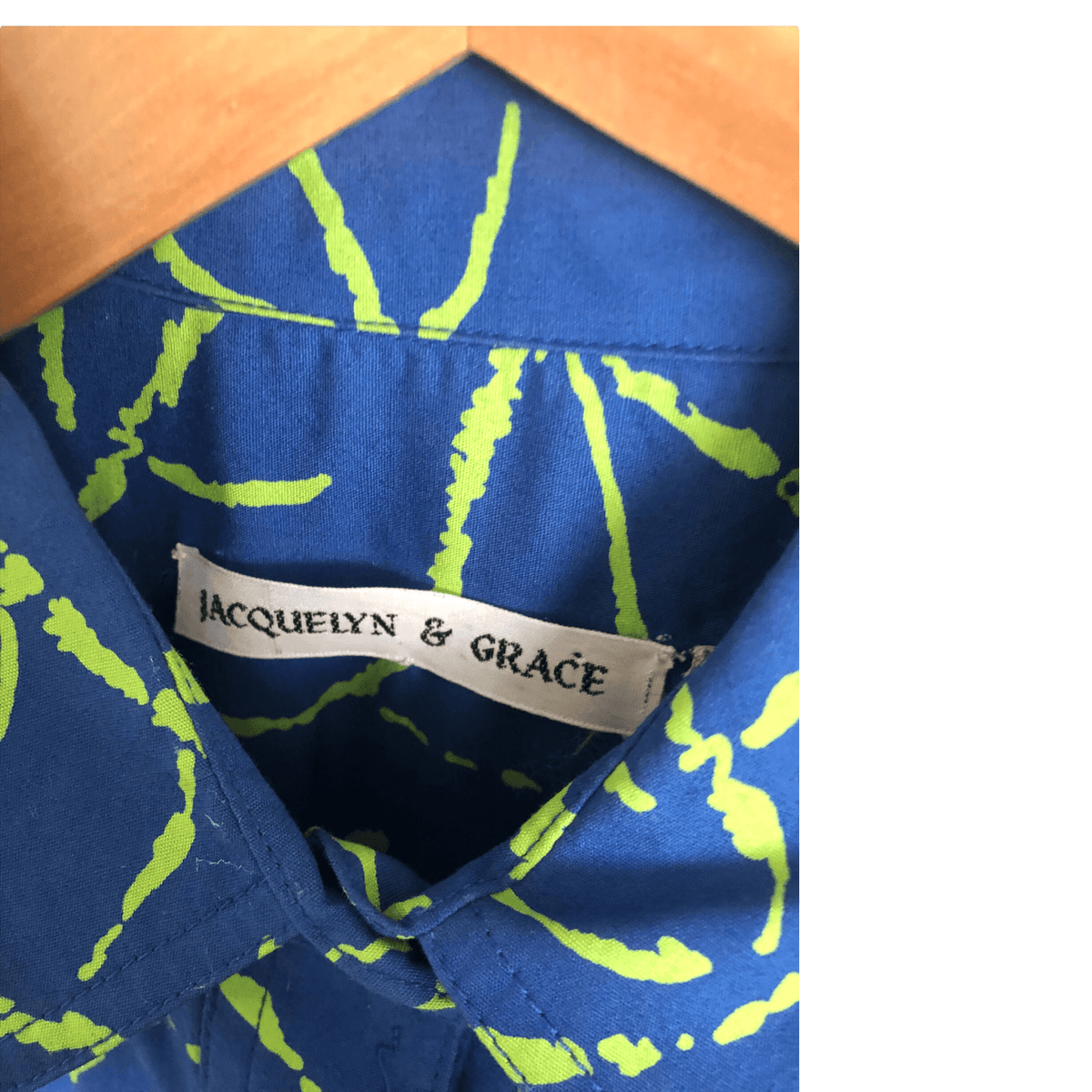 Vintage Jacquelyn & Grace 100% Cotton Long Sleeve Belted Shirt Maxi Dress Electric Blue Acid Green Block Print UK Size 8-10 - Ava & Iva
