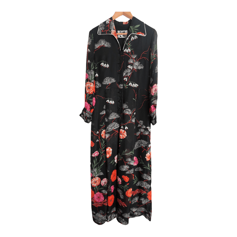Vintage in Fink Modell 100% Polyester Long Sleeve Fit & Flare Shirt Maxi Dress Black Red Multi Floral Print UK Size 10-12 - Ava & Iva