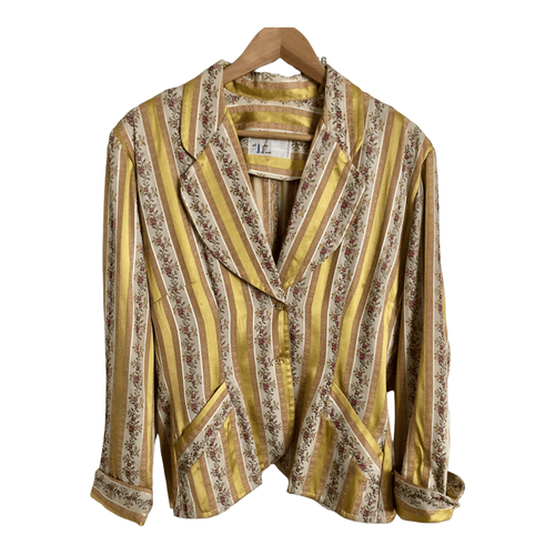 Fitz by Mike Corbett Vintage Cotton Silk Embroidered Evening Jacket Gold Striped Floral Pattern UK Size 14-16 - Ava & Iva