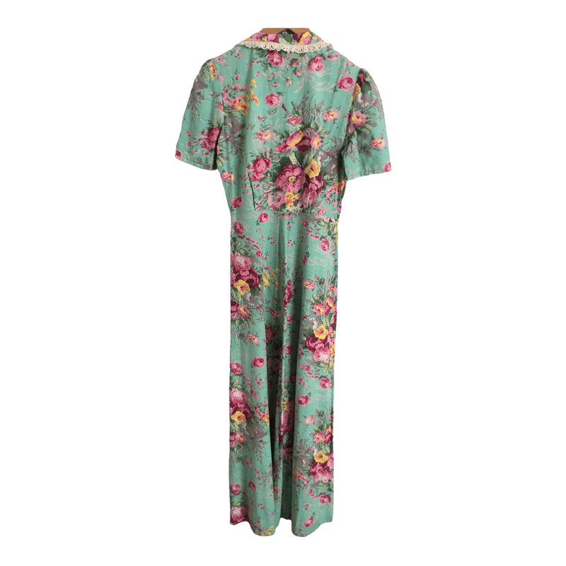 Vintage Ken Rose 100% Cotton Short Sleeve Tunic Maxi Dress Green Pink Floral Print UK Size 12 - Ava & Iva