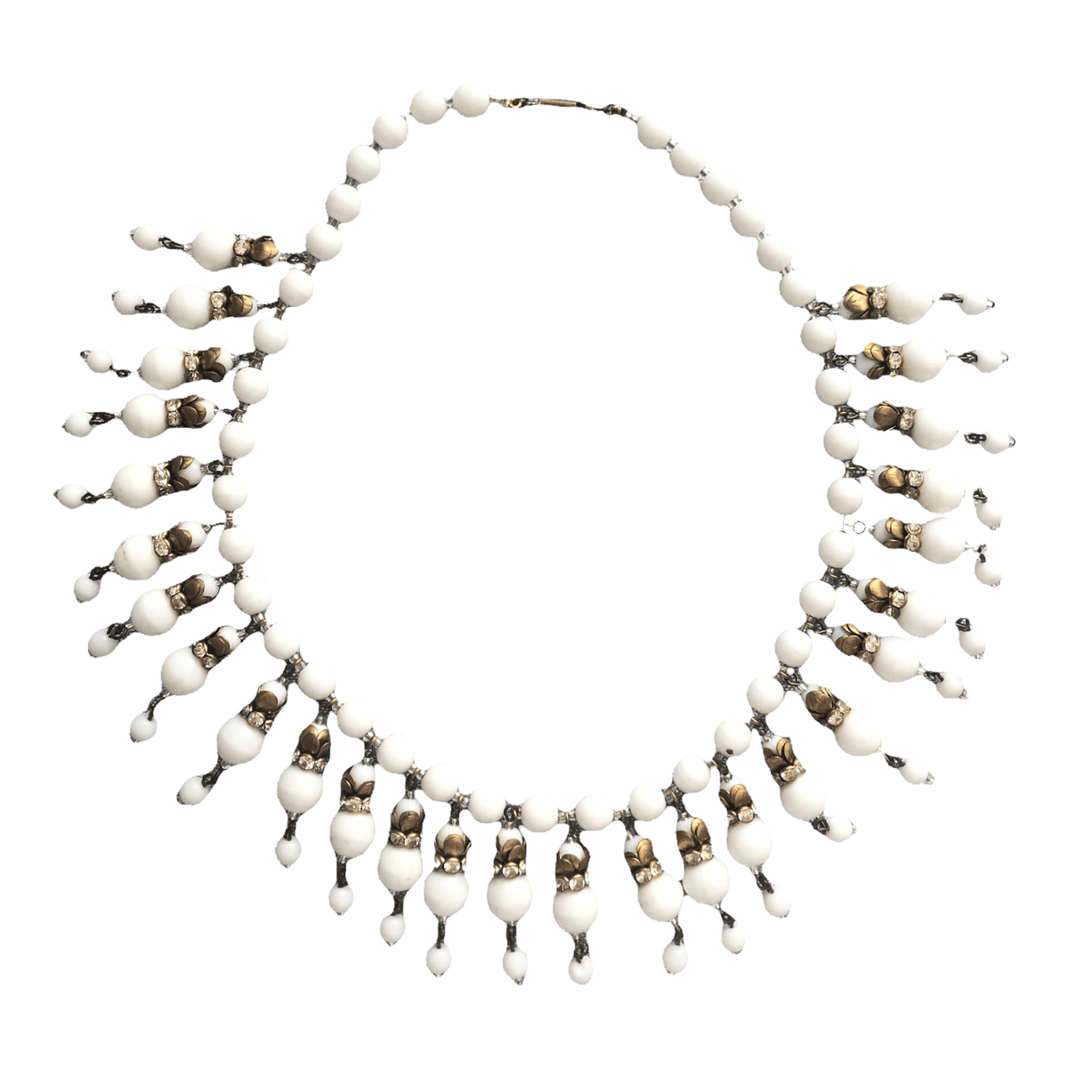 Vintage 1950s Ivory White and Gold Tone Single Strand Beaded Floral Drop Costume Necklet Necklace - Ava & Iva