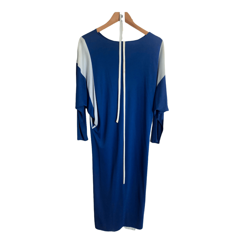 Vintage 70s Unbranded Triacetate 7/8 Dolman Sleeve Belted Tunic Maxi Dress Two Tone Blue S-M - Ava & Iva