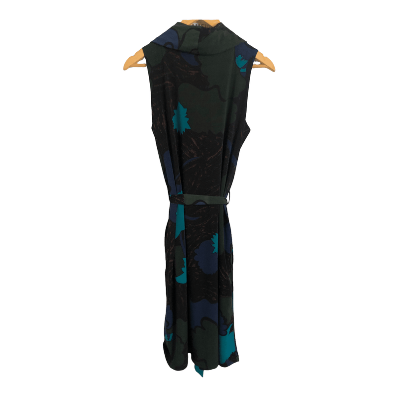 Betty Jackson Black Label Stretch Polyester Sleeveless Belted Evening Midi Dress in Olive Teal Multi Floral Print UK Size 12 - Ava & Iva