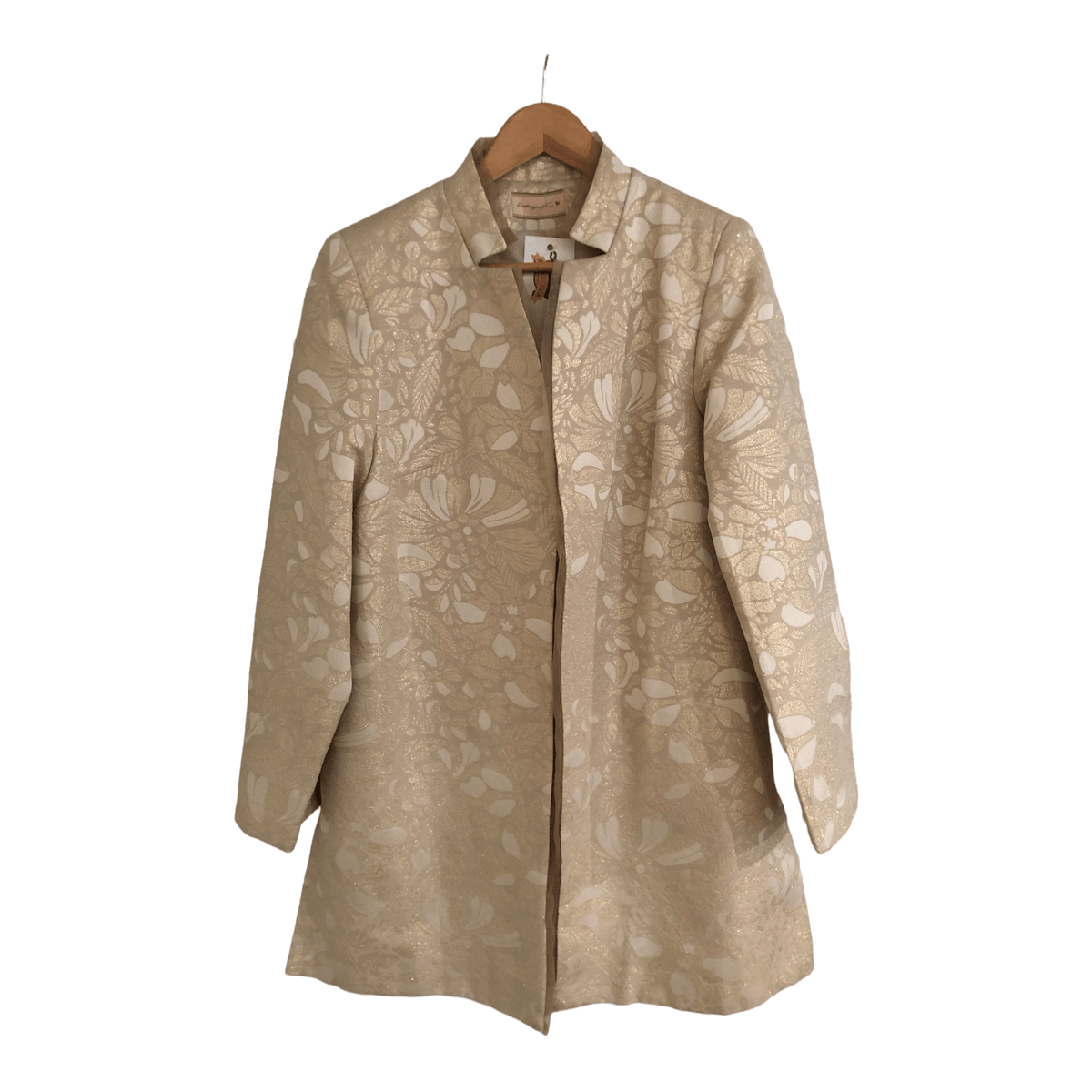 Kathryn C Brocade Jacquard Long Sleeve Evening Coat Jacket Metallic Gold Cream UK Size 16 - Ava & Iva