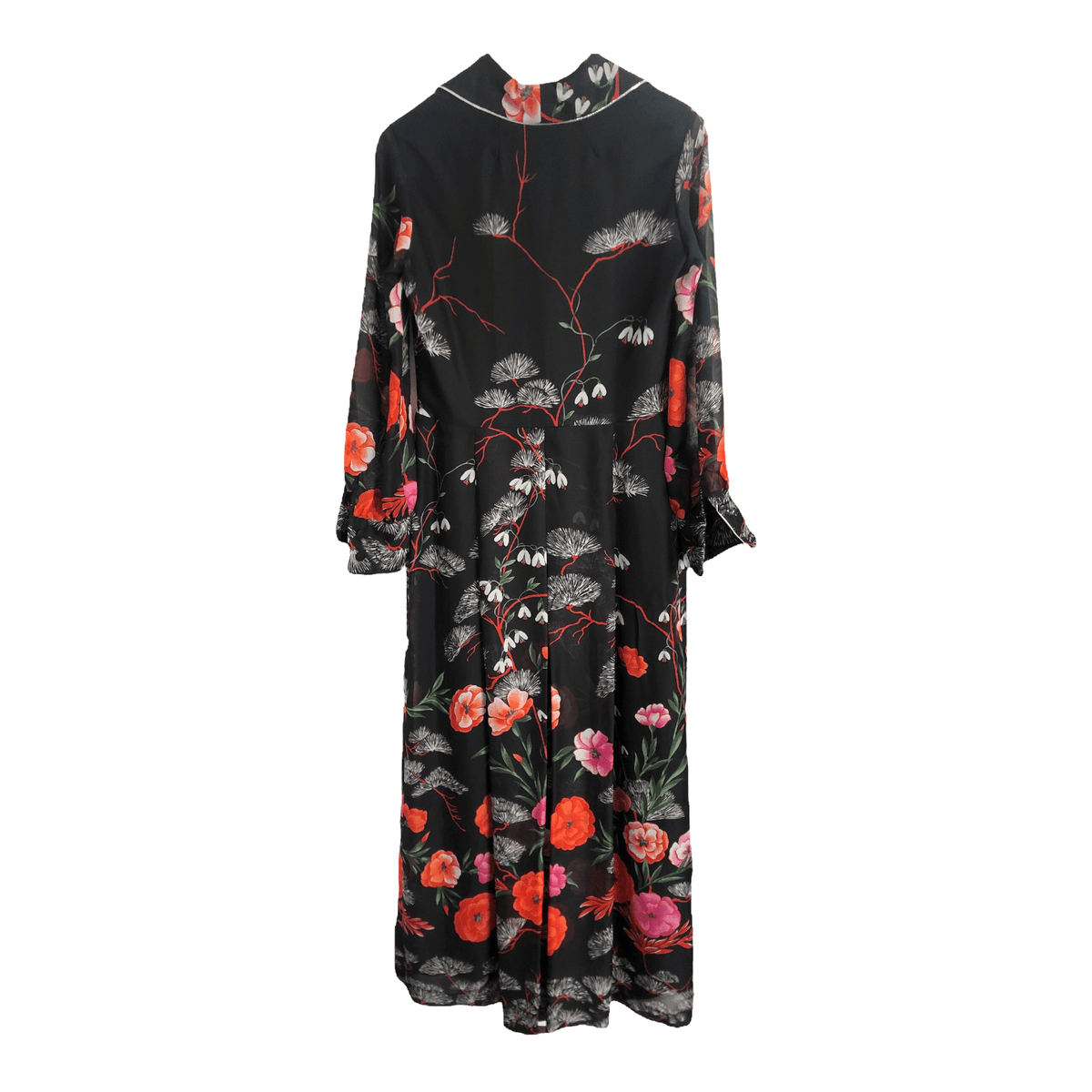 Vintage in Fink Modell 100% Polyester Long Sleeve Fit & Flare Shirt Maxi Dress Black Red Multi Floral Print UK Size 10-12 - Ava & Iva