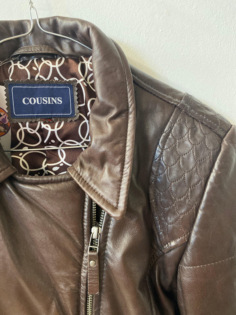 Cousins Brown Leather Biker Style Jacket Padded UK Size 10 - Ava & Iva