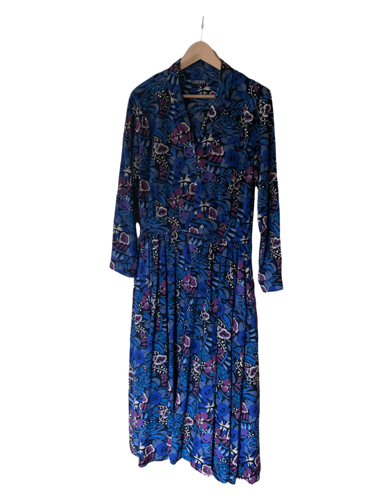Liberty 100% Wool Shirt Dress Long Sleeve Blue Floral UK Size Medium - Ava & Iva