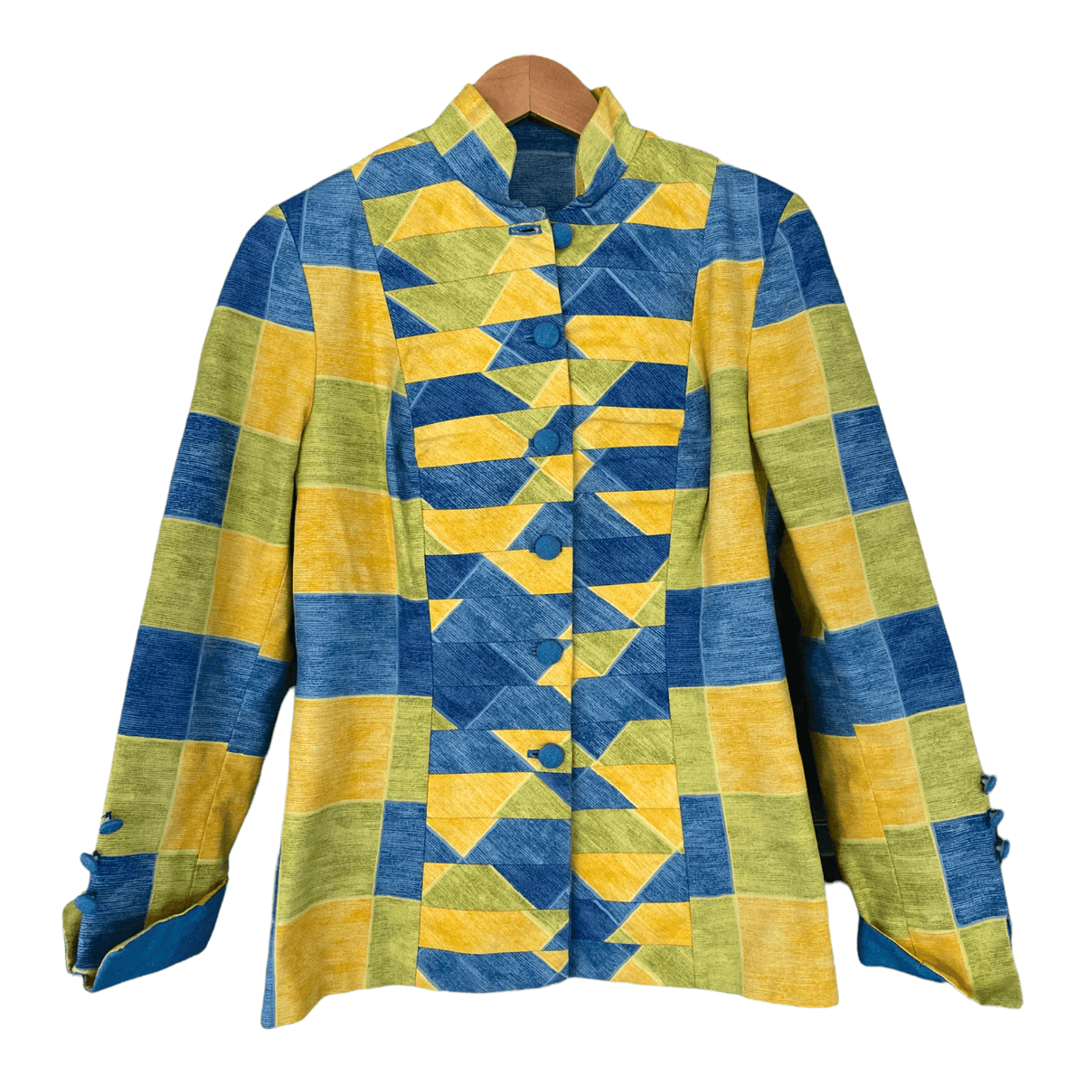 Jenny Edwards Moss Military Style Patchwork Jacket Yellow Green and Blue UK Size 10 - Ava & Iva