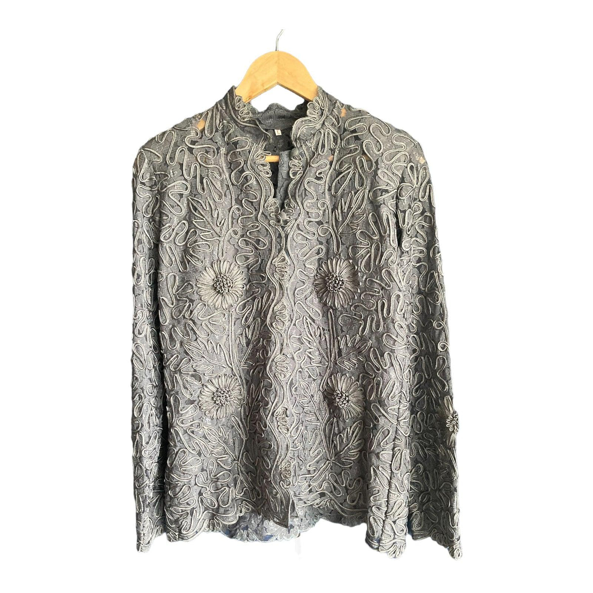 Vintage Silver Grey Embroidered Long Sleeved Jacket UK Size 16 - Ava & Iva