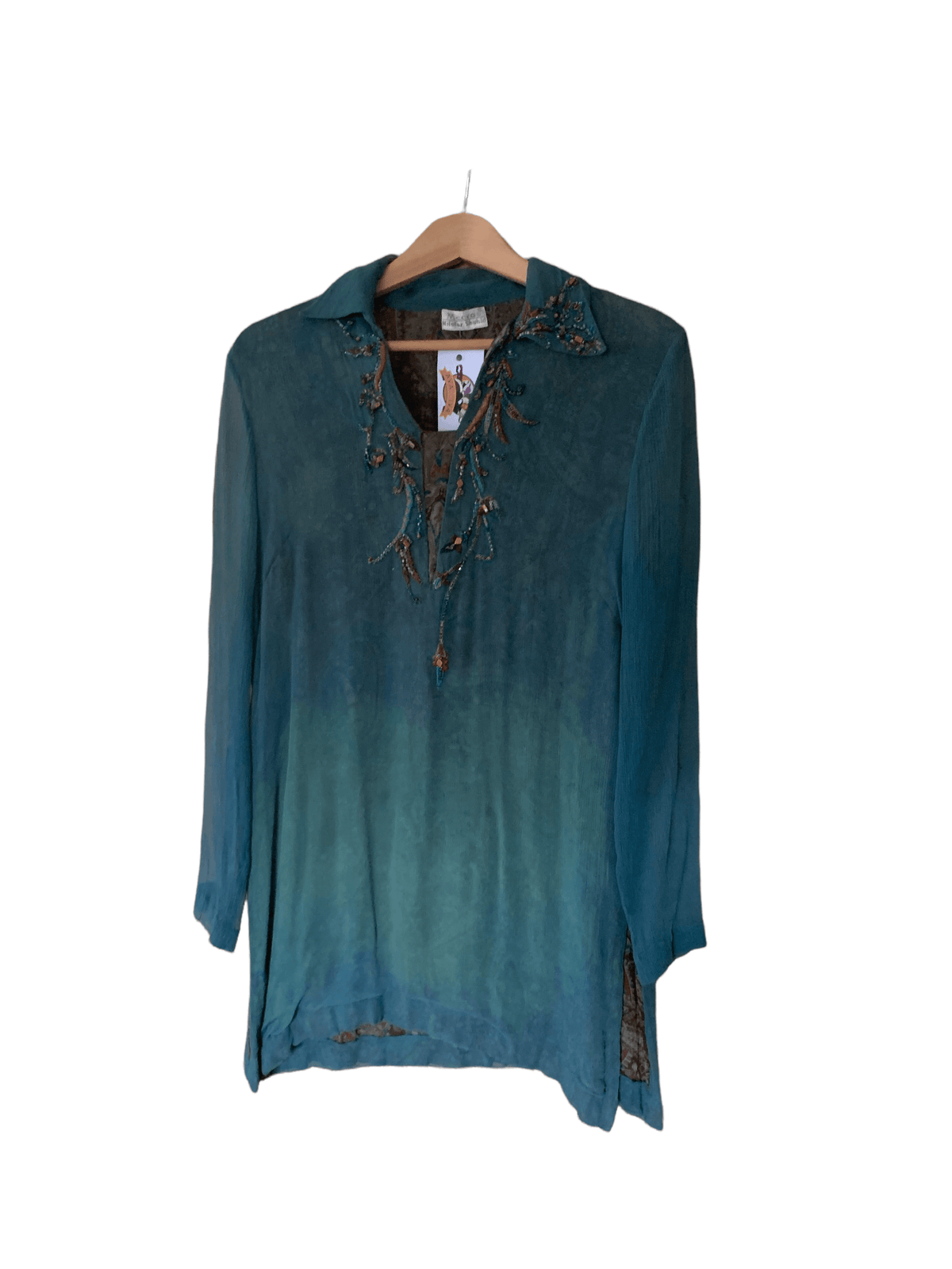 Meeras Nilofer Shahid Vintage Silk Top Green UK Size Medium - Ava & Iva