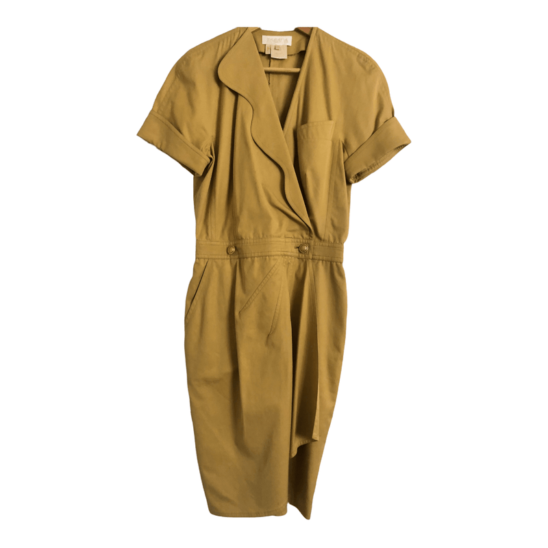 Escada 100% Cotton Short Sleeve Safari Style Wrap Dress Yellow / Ochre UK Size 10 - Ava & Iva