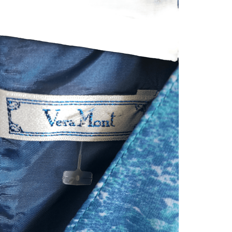Vintage Vera Mont Polyester Chiffon Long Sleeve Fit & Flare Maxi Dress Light Blue Small Swirl Print UK Size 12-14 - Ava & Iva