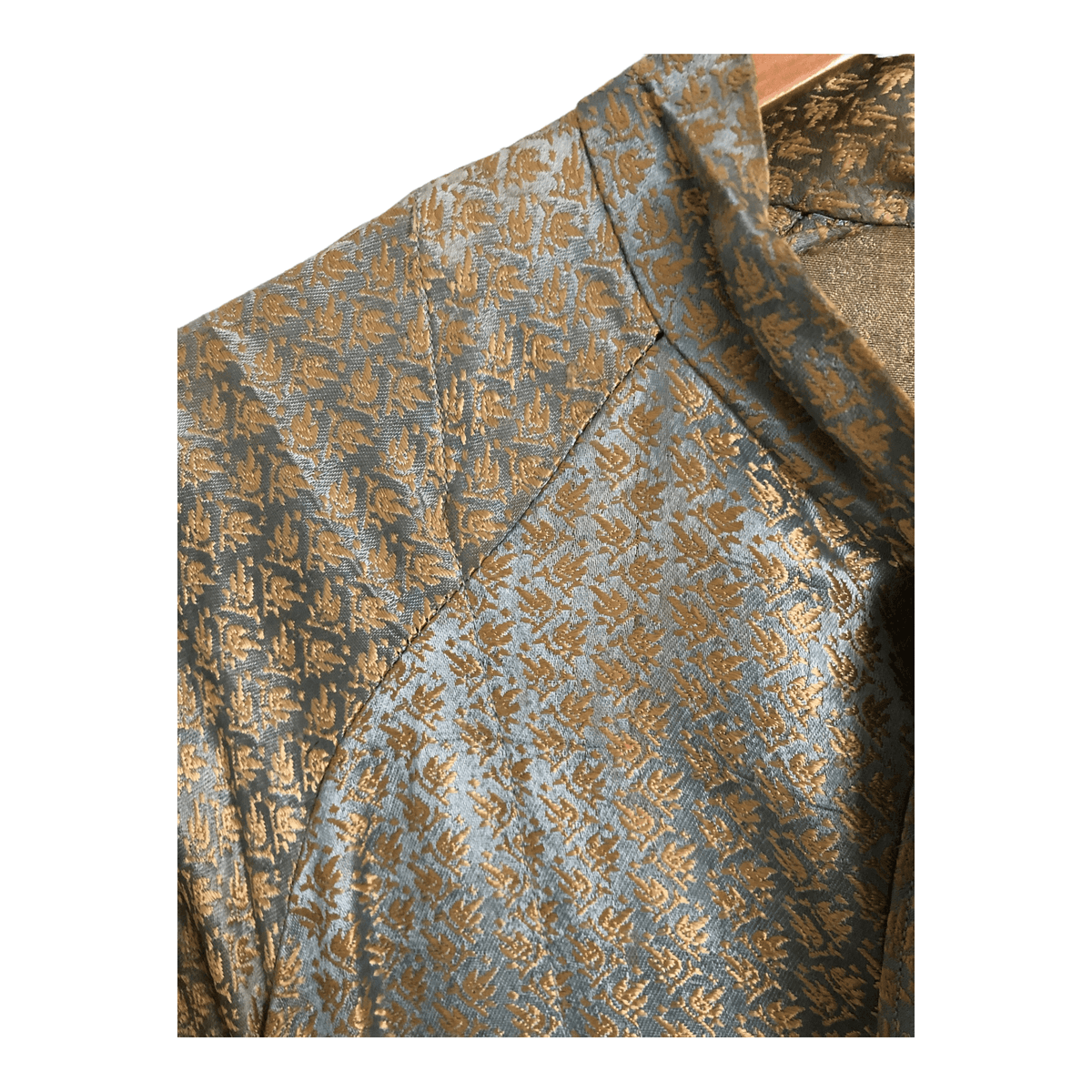 Unbranded Metallic Brocade Jacquard 3/4 Sleeve Tie-Neck Shift Dress Light Blue-Green Gold Floral Print UK Size 14 - Ava & Iva